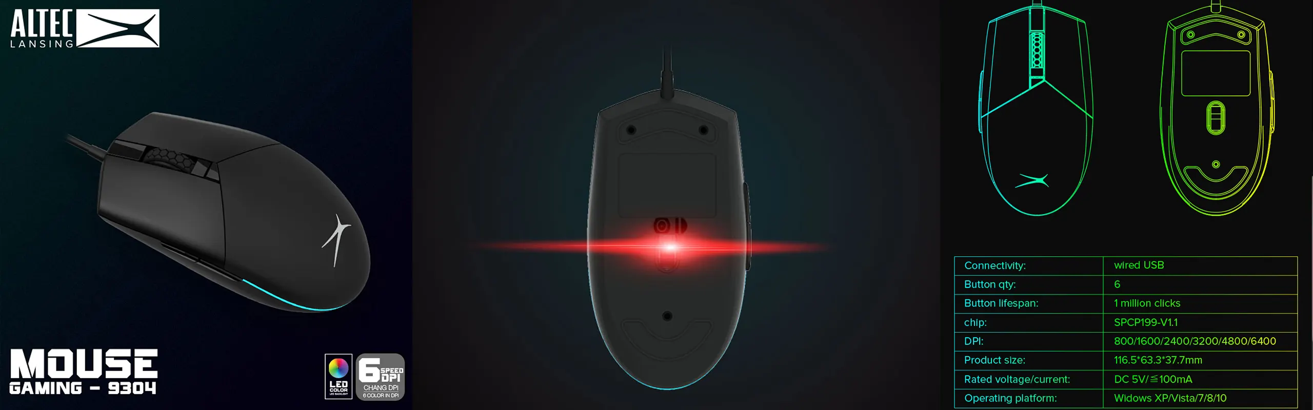 Altec Lansing ALGM9304 - Wireless Large gaming mouse for Big Hands in Ergonomic design 5-Levels Adjustable DPI with Smart Sleep mode 2.4Ghz Infrared tracking