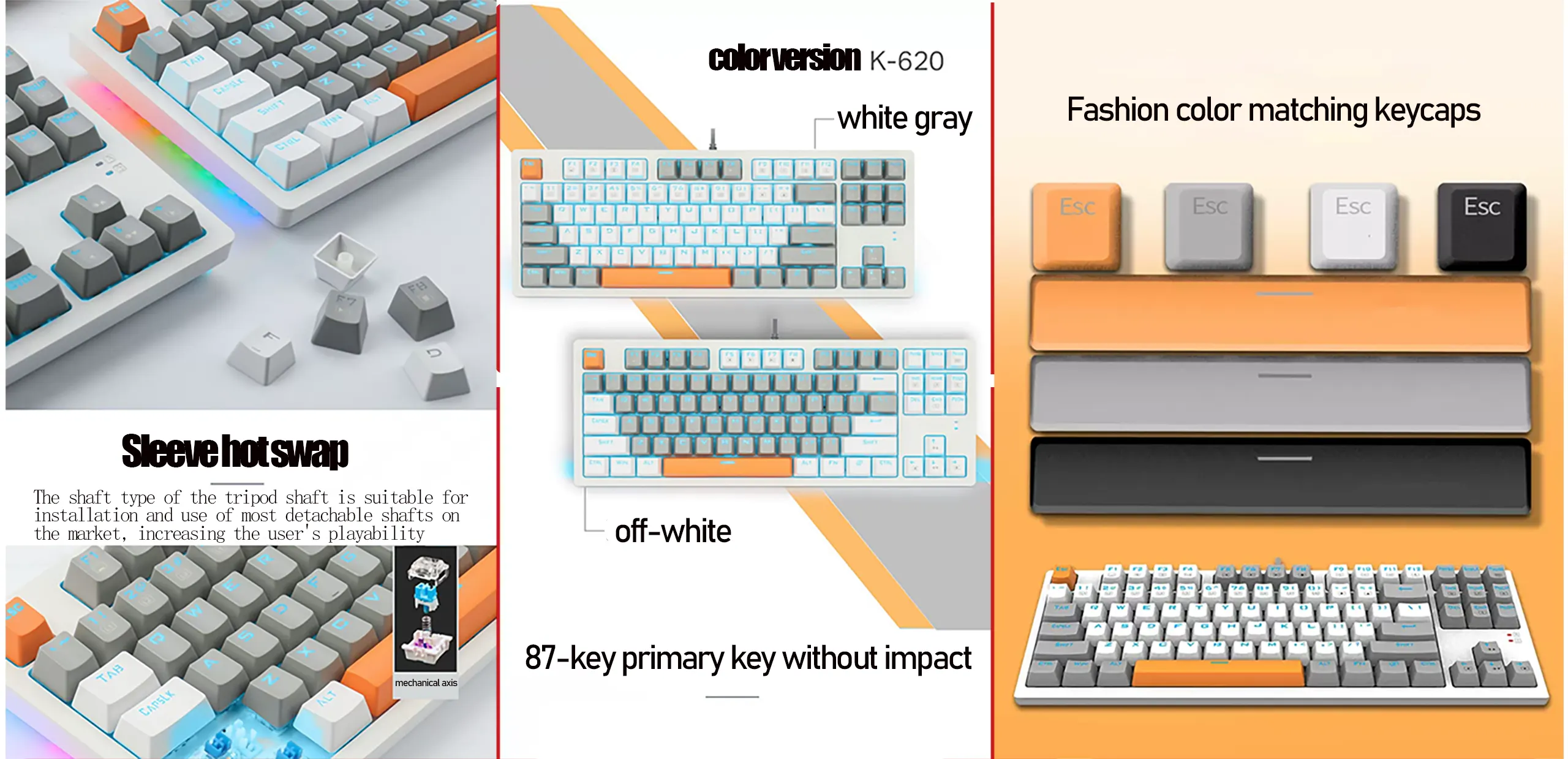 EYOOSO K620 Ergonomic design tenkeyless compact layout Hot-swappable and N-key rollover Wired mechanical gaming keyboard with Type-C USB interface