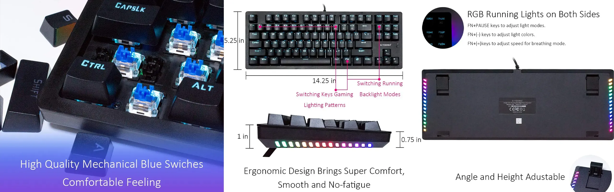 EYOOSO K620 Ergonomic design tenkeyless compact layout Hot-swappable and N-key rollover Wired mechanical gaming keyboard with Type-C USB interface