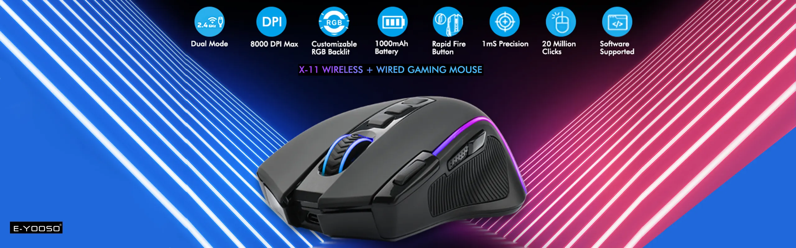 EYOOSO X11 - Wireless gaming mouse for gamers in Ergonomic design Adjustable DPI with built-in low-power consumption battery 2.4Ghz Infrared optical tracking RGB Lights