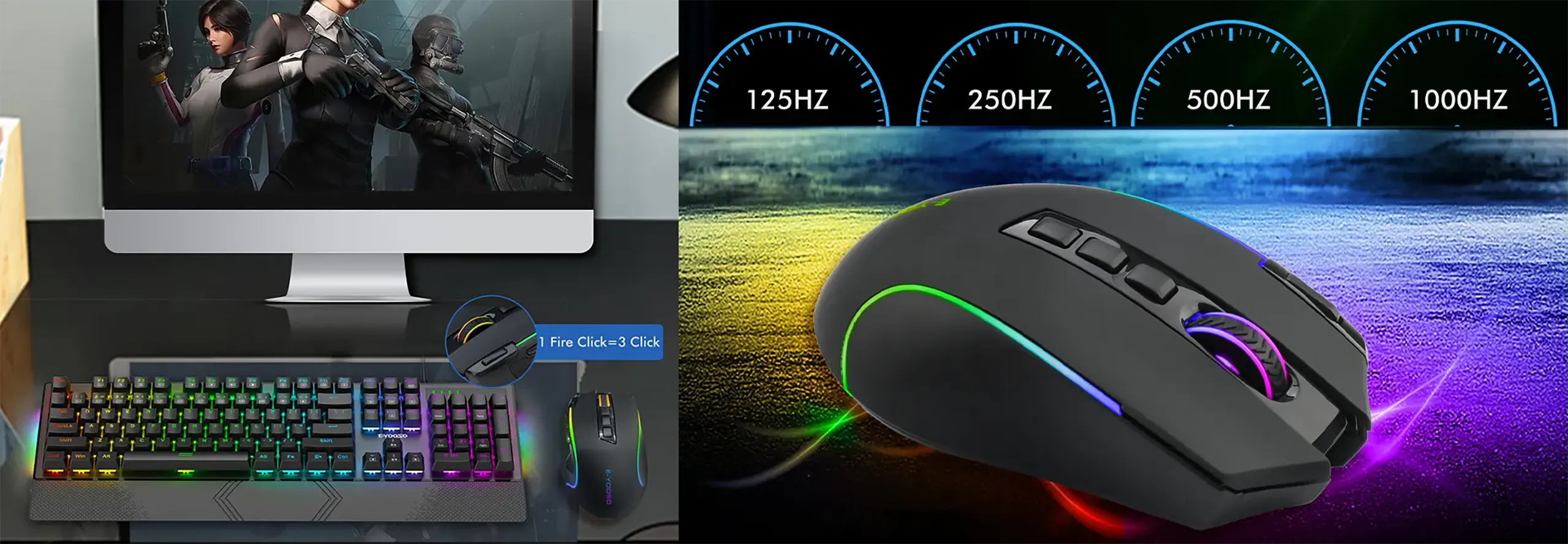 EYOOSO X11 - Wireless gaming mouse for gamers in Ergonomic design Adjustable DPI with built-in low-power consumption battery 2.4Ghz Infrared optical tracking RGB Lights