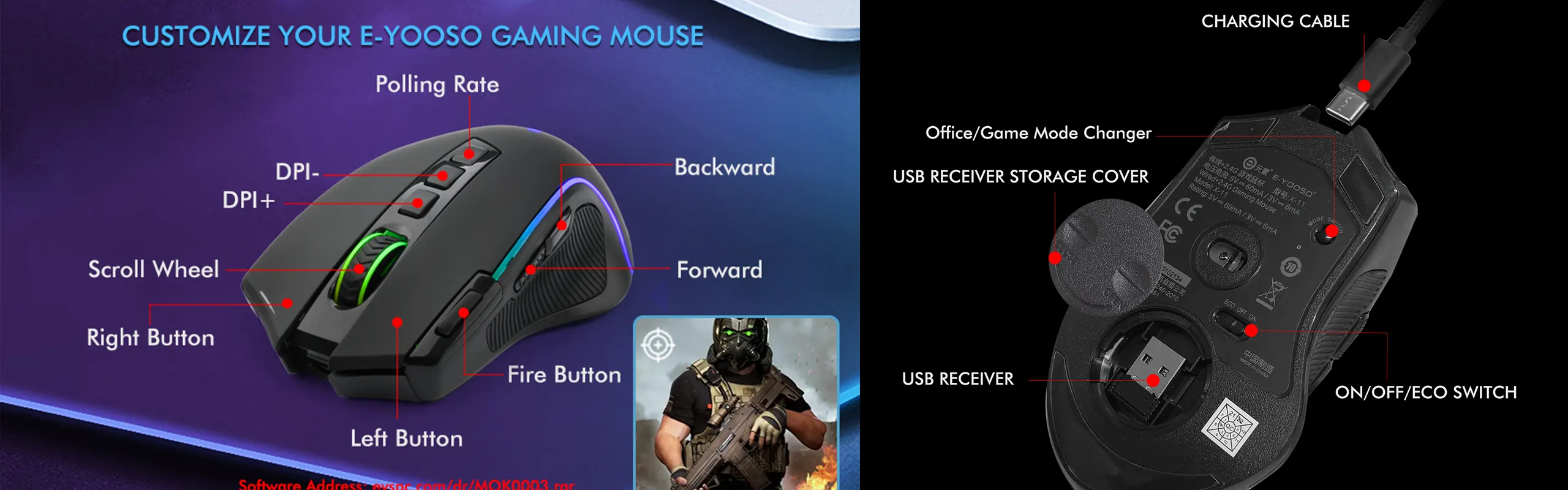 EYOOSO X11 - Wireless gaming mouse for gamers in Ergonomic design Adjustable DPI with built-in low-power consumption battery 2.4Ghz Infrared optical tracking RGB Lights