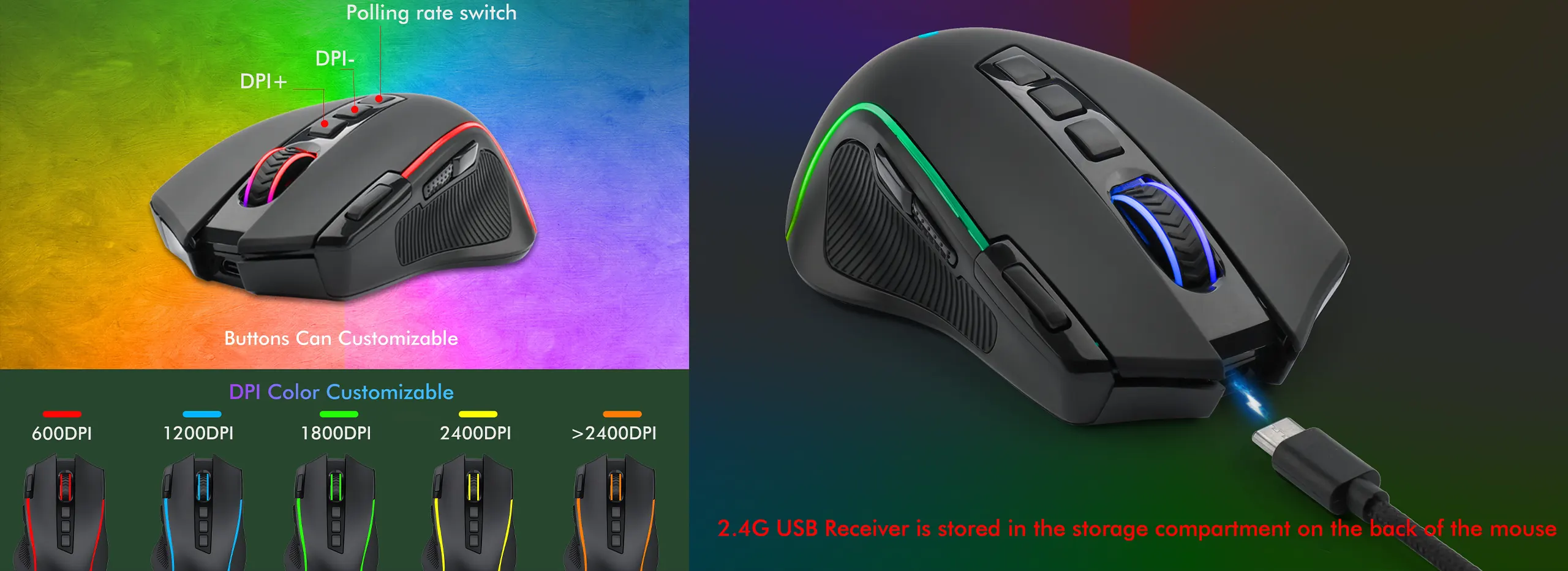 EYOOSO X11 - Wireless gaming mouse for gamers in Ergonomic design Adjustable DPI with built-in low-power consumption battery 2.4Ghz Infrared optical tracking RGB Lights