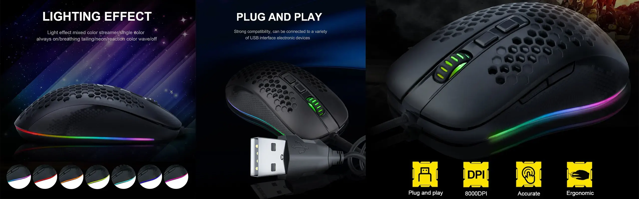 EYOOSO X19 - Wired Gaming mouse for gamers programmable in Ergonomic honeycomb design Lightweight anti-slip material with Adjustable DPI Infrared optical tracking mouse RGB Backlit