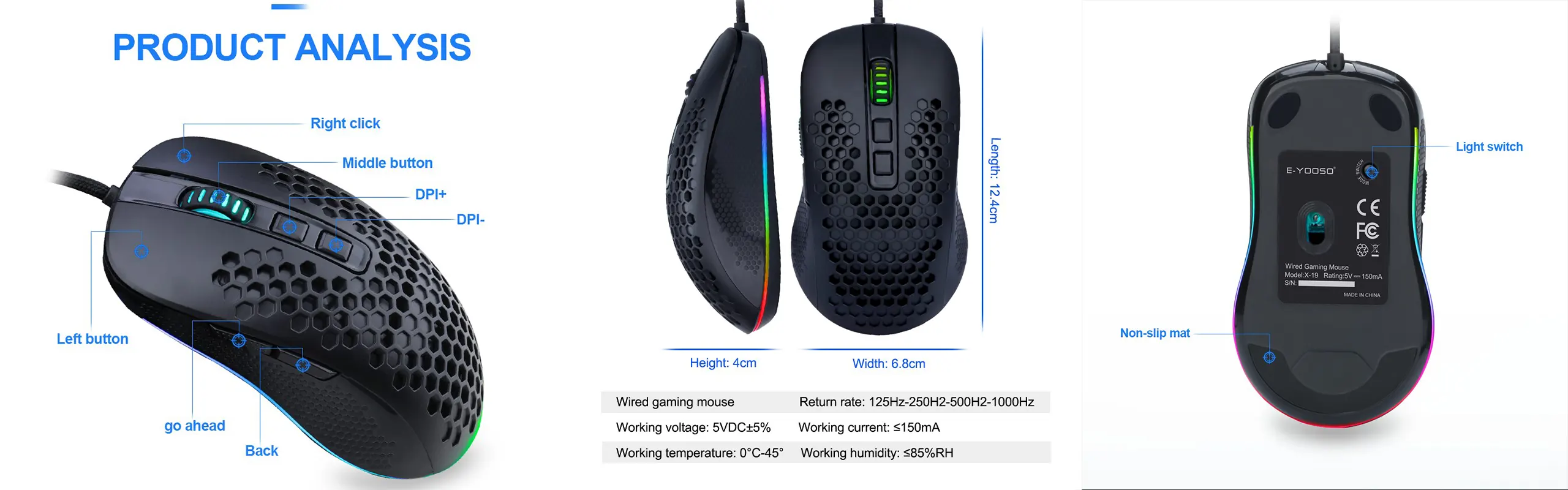 EYOOSO X19 - Wired Gaming mouse for gamers programmable in Ergonomic honeycomb design Lightweight anti-slip material with Adjustable DPI Infrared optical tracking mouse RGB Backlit