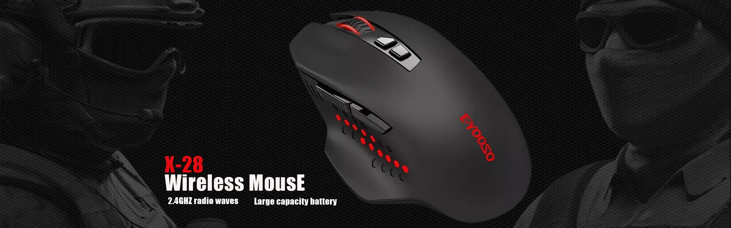 EYOOSO X28 - Wireless Gaming Mouse for Pro gamers in Ergonomic design Anti-Slip material with Adjustable 5 Levels DPI Infrared optical tracking mice