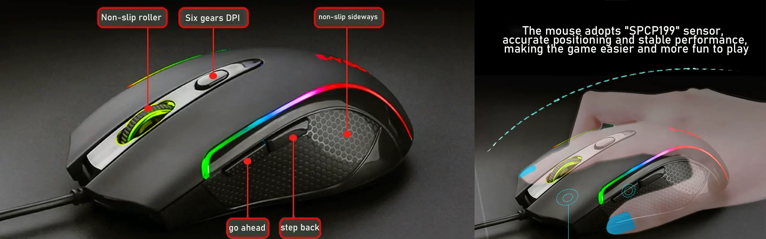 EYOOSO X7 - Wired gaming mouse for gamers customizable in Ergonomic design skin-like anti-slip material with Adjustable DPI Infrared optical tracking mouse RGB Lights One-key switching