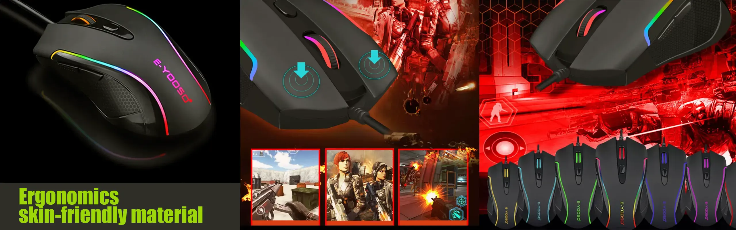 EYOOSO X7 - Wired gaming mouse for gamers customizable in Ergonomic design skin-like anti-slip material with Adjustable DPI Infrared optical tracking mouse RGB Lights One-key switching