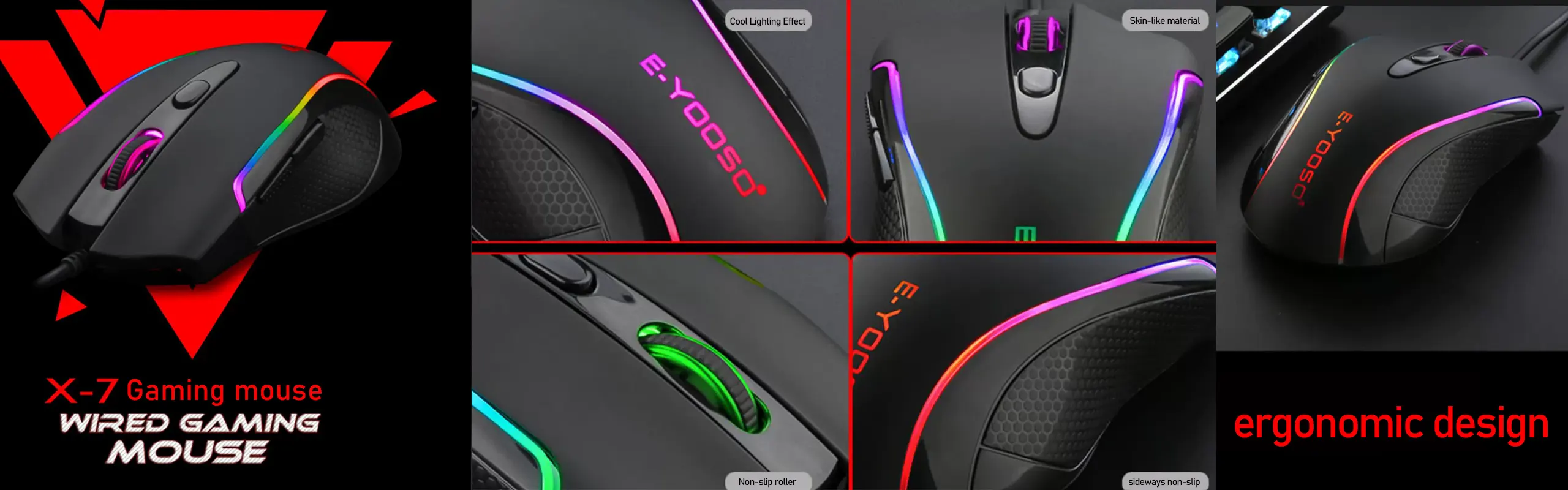 EYOOSO X7 - Wired gaming mouse for gamers customizable in Ergonomic design skin-like anti-slip material with Adjustable DPI Infrared optical tracking mouse RGB Lights One-key switching
