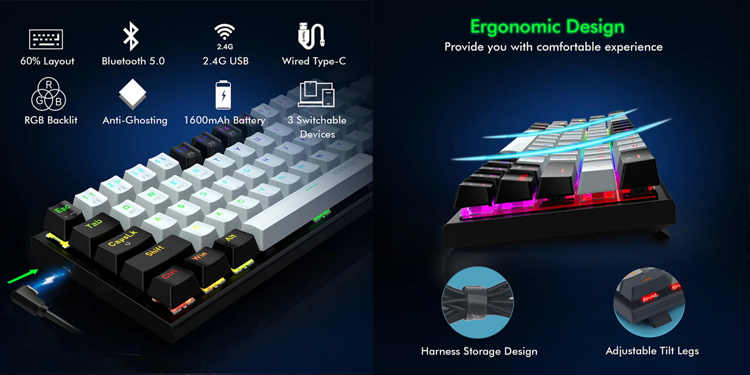 EYOOSO Z11RGB - Gaming Keyboards Wireless for Gamers in Ergonomic design with Customizable RGB lighting modes one built-in battery equipped Hot-Swappable versatile keyboard N-key Roller/2.4G/Bluetooth