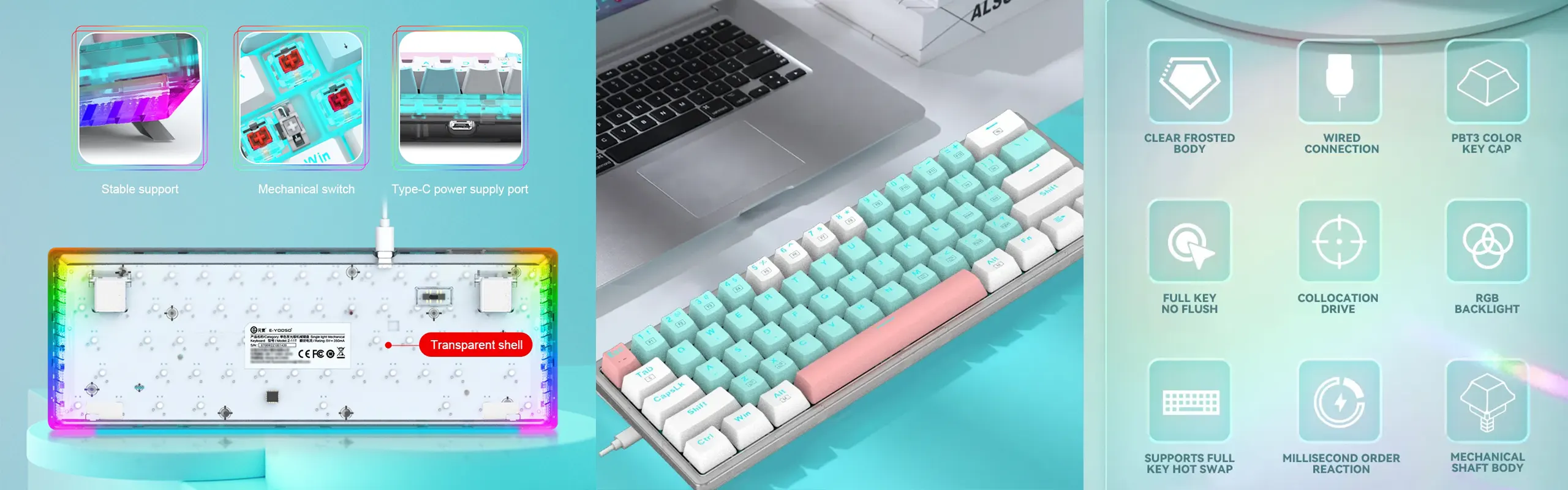 EYOOSO Z11T Mechanical Gaming Keyboard for Gamers with Ergonomic design RGB lights unique bicolor mold keycaps N-keys rollover keyboard with switches Wired USB interface