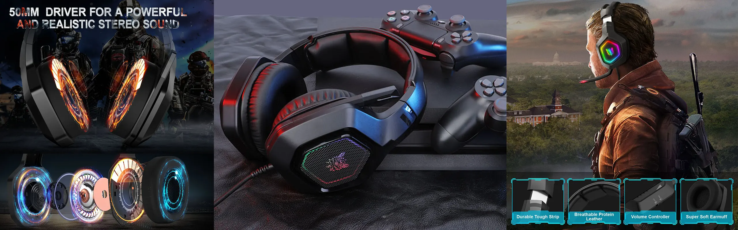 ONIKUMA K10 - Immersive Gaming Headset with 360° Parachute Microphone Sterero Gaming Headphones for PS4/5/XBOX/PC with Comfortable Lightweight Design Multi-Platform/perforated ventilation