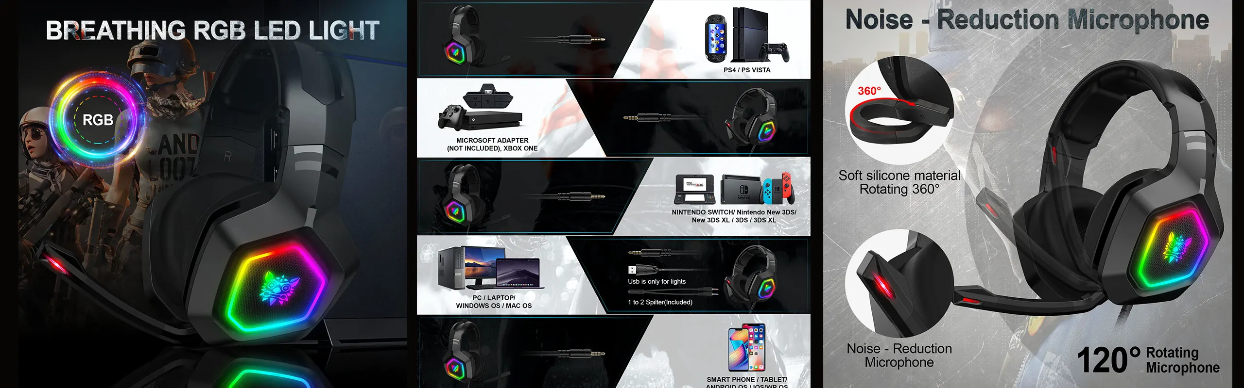 ONIKUMA K10 - Immersive Gaming Headset with 360° Parachute Microphone Sterero Gaming Headphones for PS4/5/XBOX/PC with Comfortable Lightweight Design Multi-Platform/perforated ventilation