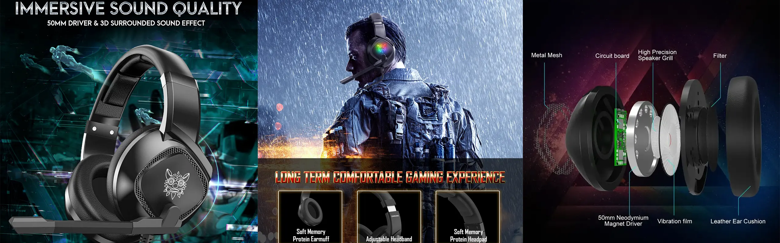 ONIKUMA K19 - PRO Gaming headphones for Gamers wired with Noise Canceling microphone Stereo Surround Sound RGB LED Lights gaming headsets PC/XBOX/PS4