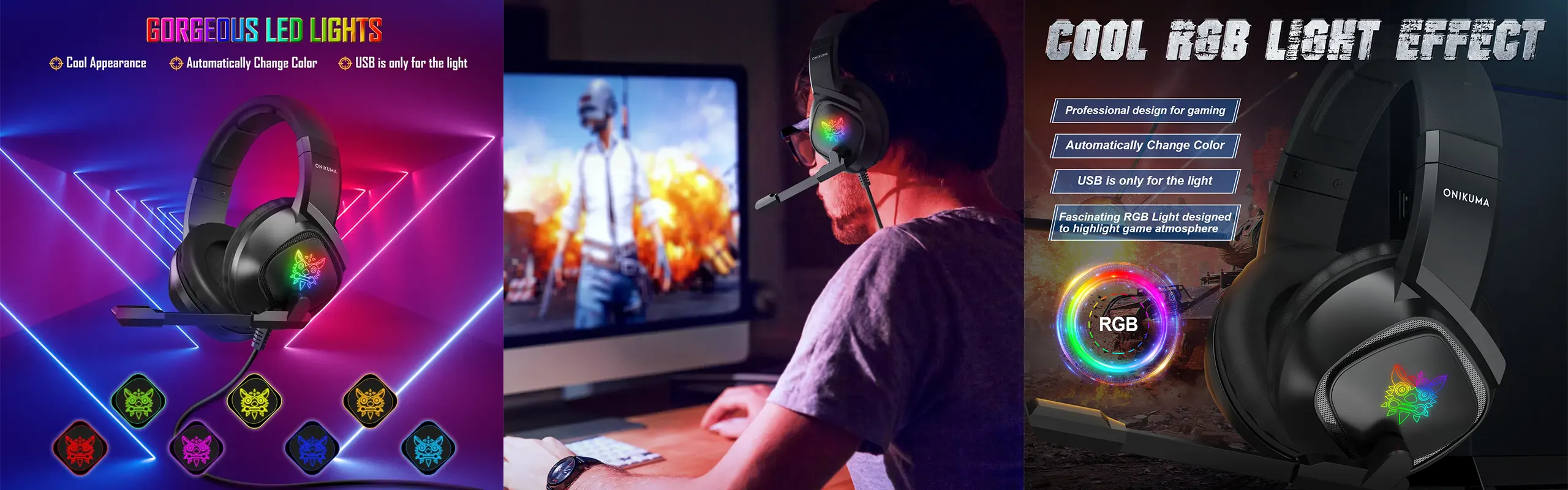 ONIKUMA K19 - PRO Gaming headphones for Gamers wired with Noise Canceling microphone Stereo Surround Sound RGB LED Lights gaming headsets PC/XBOX/PS4