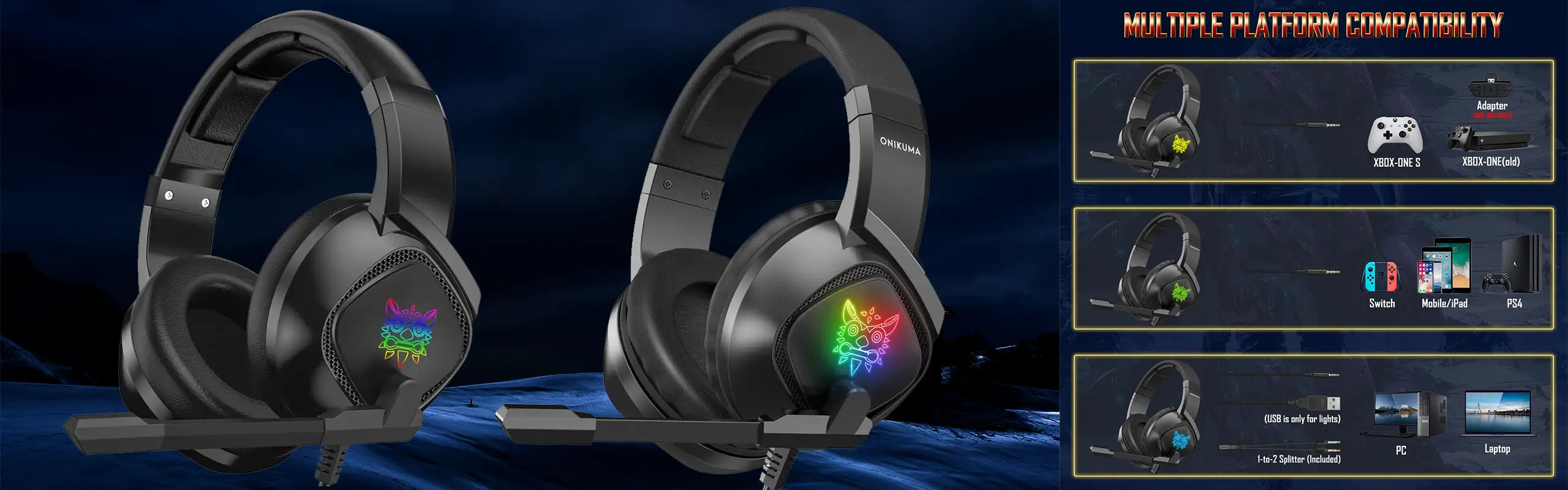 ONIKUMA K19 - PRO Gaming headphones for Gamers wired with Noise Canceling microphone Stereo Surround Sound RGB LED Lights gaming headsets PC/XBOX/PS4