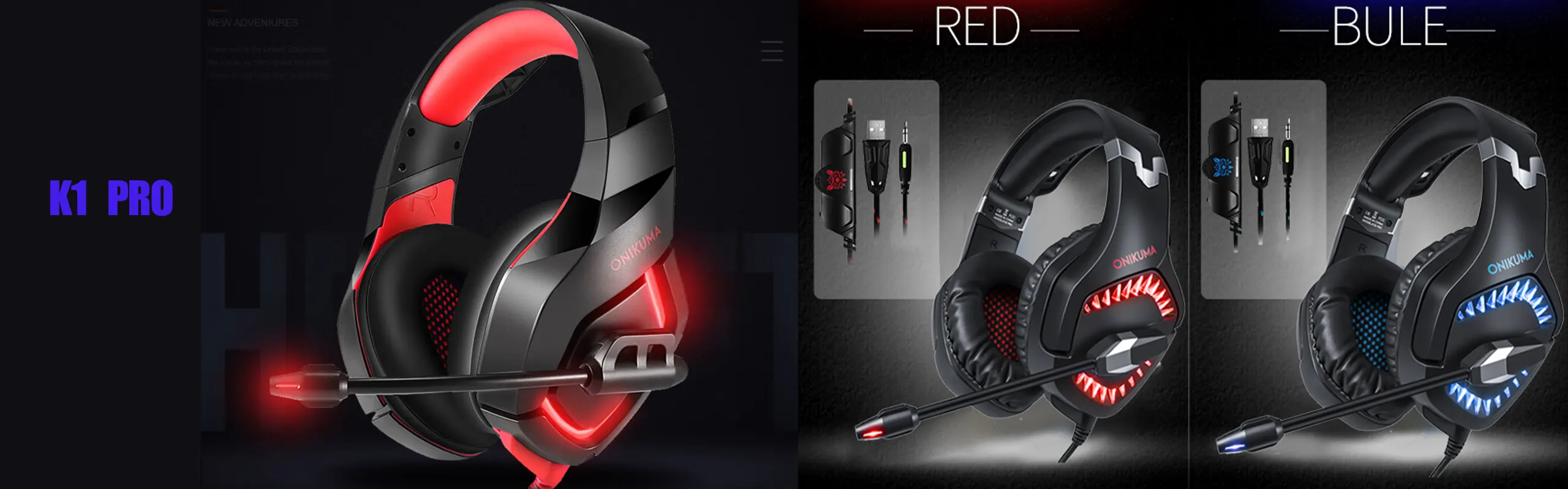 ONIKUMA K1B Gaming headsets wired with Noise Reduction Microphone Stereo Surround Sound LED Lights Over-Ear PC/XBOX/PS4