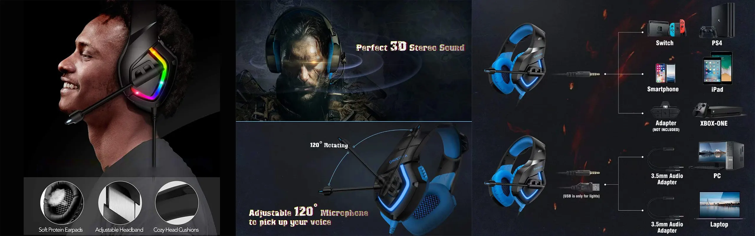 ONIKUMA K1B Gaming headsets wired with Noise Reduction Microphone Stereo Surround Sound LED Lights Over-Ear PC/XBOX/PS4