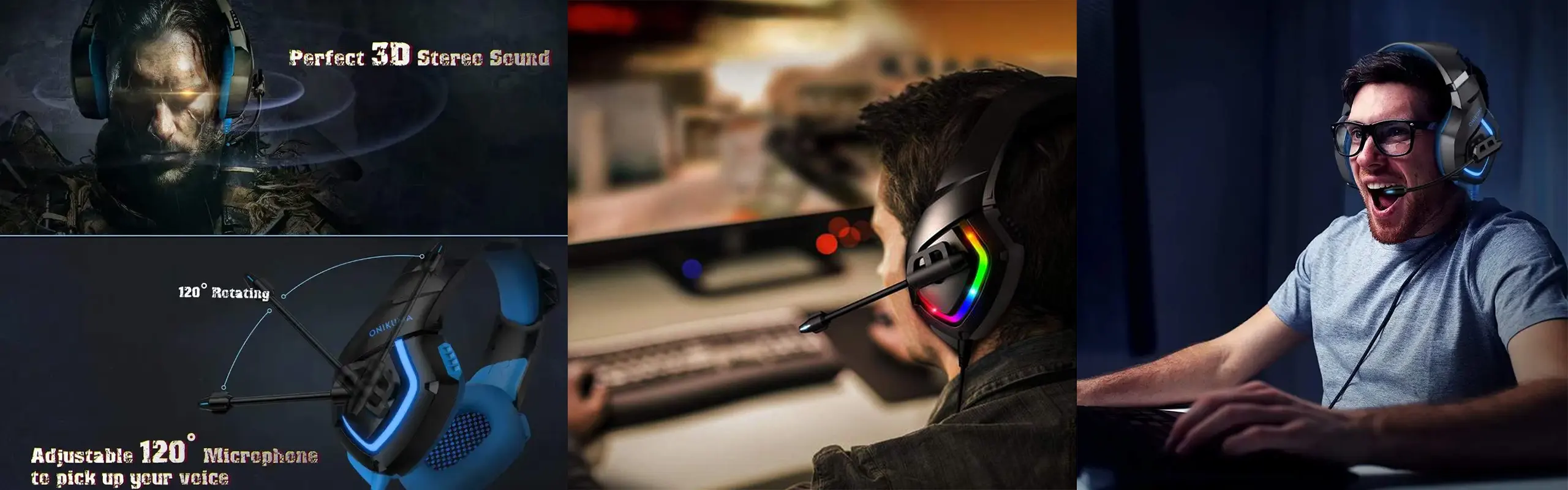 ONIKUMA K1B Gaming headsets wired with Noise Reduction Microphone Stereo Surround Sound LED Lights Over-Ear PC/XBOX/PS4