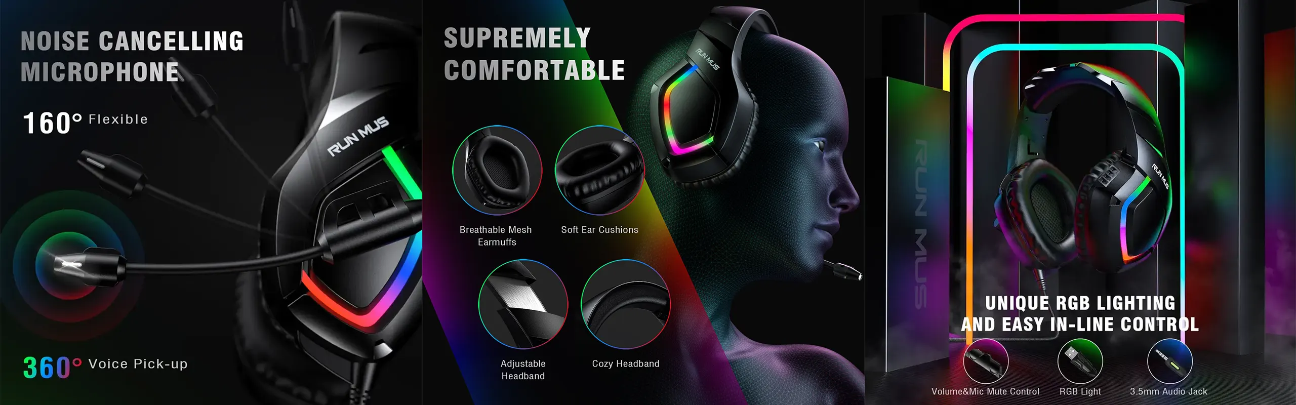ONIKUMA K1B Gaming headsets wired with Noise Reduction Microphone Stereo Surround Sound LED Lights Over-Ear PC/XBOX/PS4
