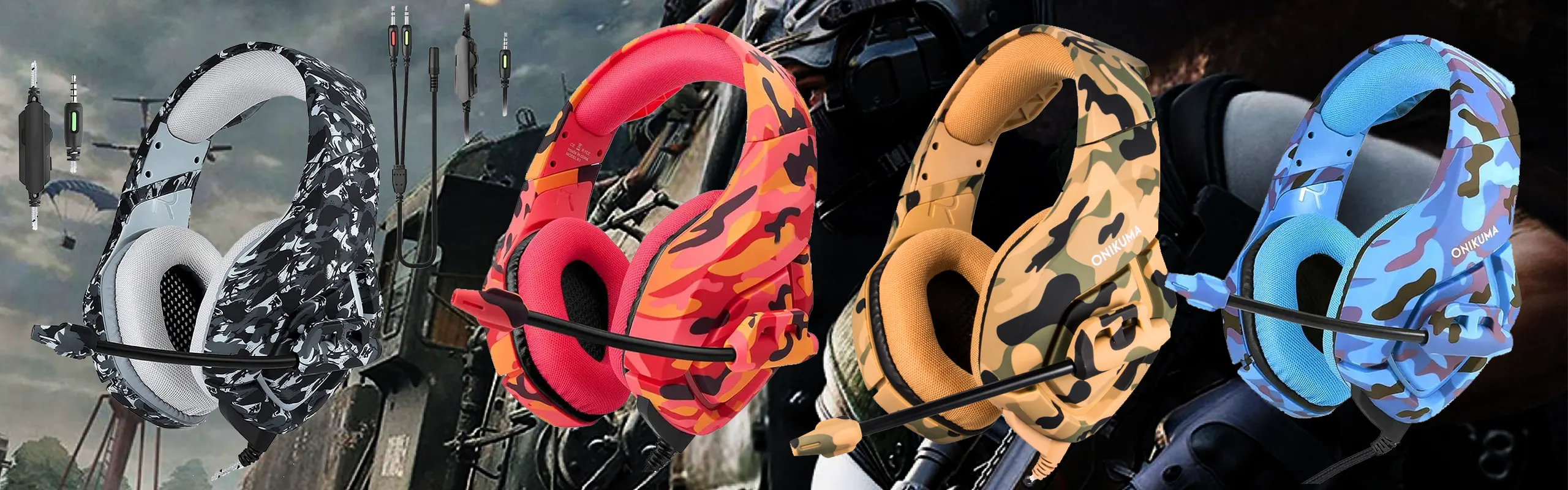 ONIKUMA K1B Camouflage - Pro Gaming headsets wired with omni-directional microphone noise cancelling in Ergonomic Design equipped with Stereo Surround sound LED Lights