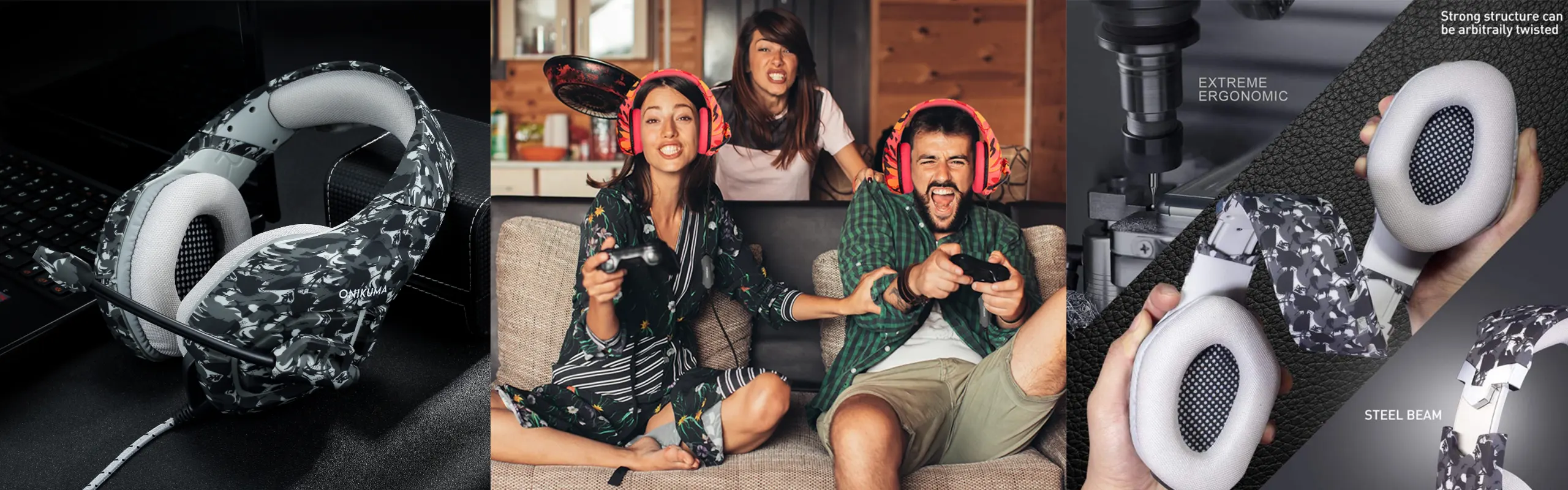 ONIKUMA K1B Camouflage - Pro Gaming headsets wired with omni-directional microphone noise cancelling in Ergonomic Design equipped with Stereo Surround sound LED Lights