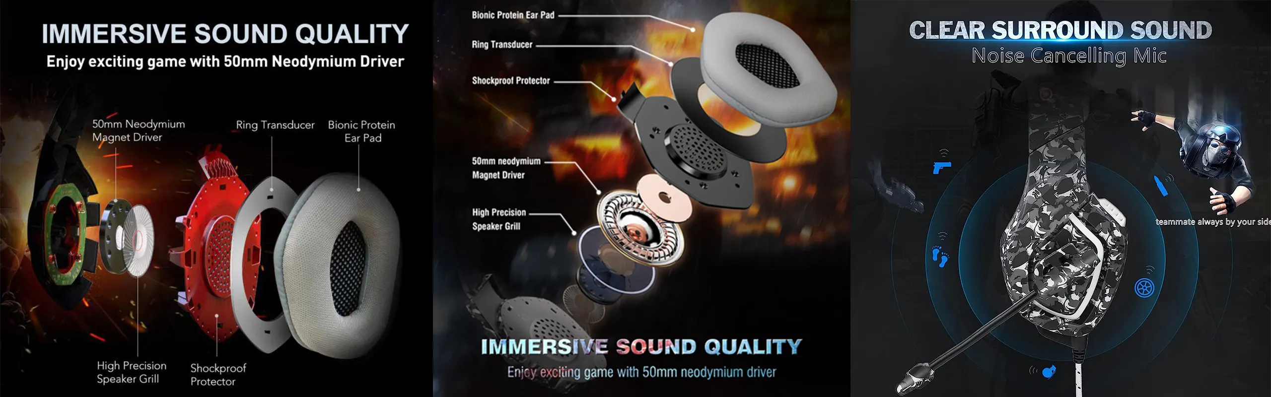ONIKUMA K1B Camouflage - Pro Gaming headsets wired with omni-directional microphone noise cancelling in Ergonomic Design equipped with Stereo Surround sound LED Lights