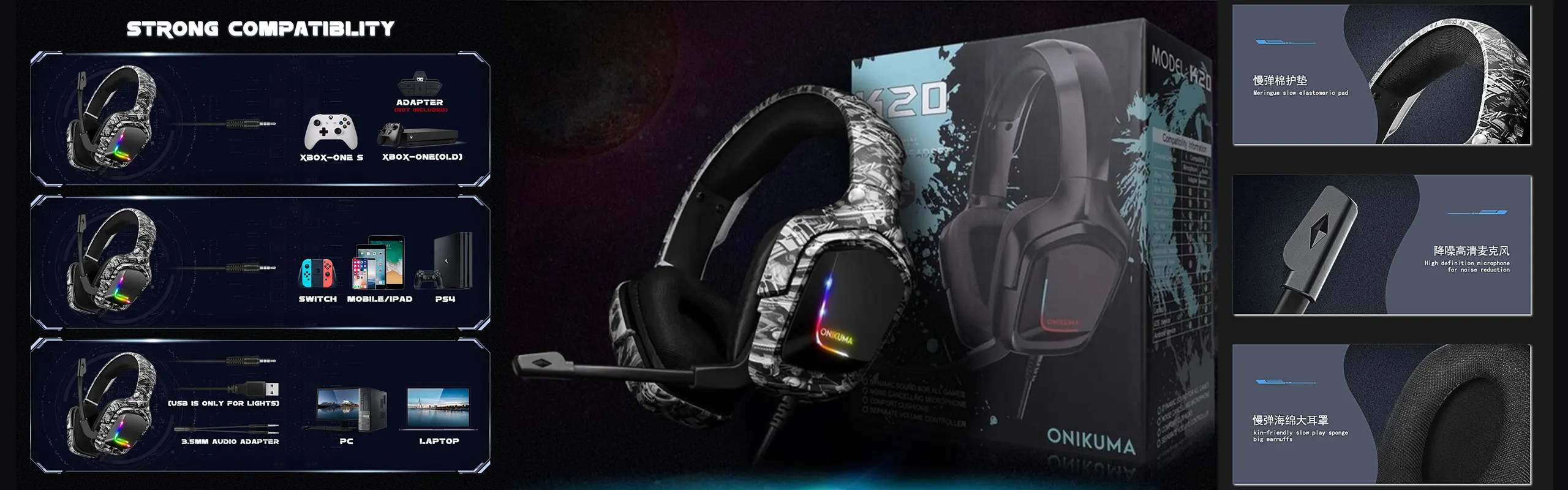 ONIKUMA K20 - PRO Gaming headsets for Gamers Wired with Noise Canceling Omni-directional Microphone Stereo Surround Sound RGB LED Lights Gaming Headphones PC/XBOX/PS4/5