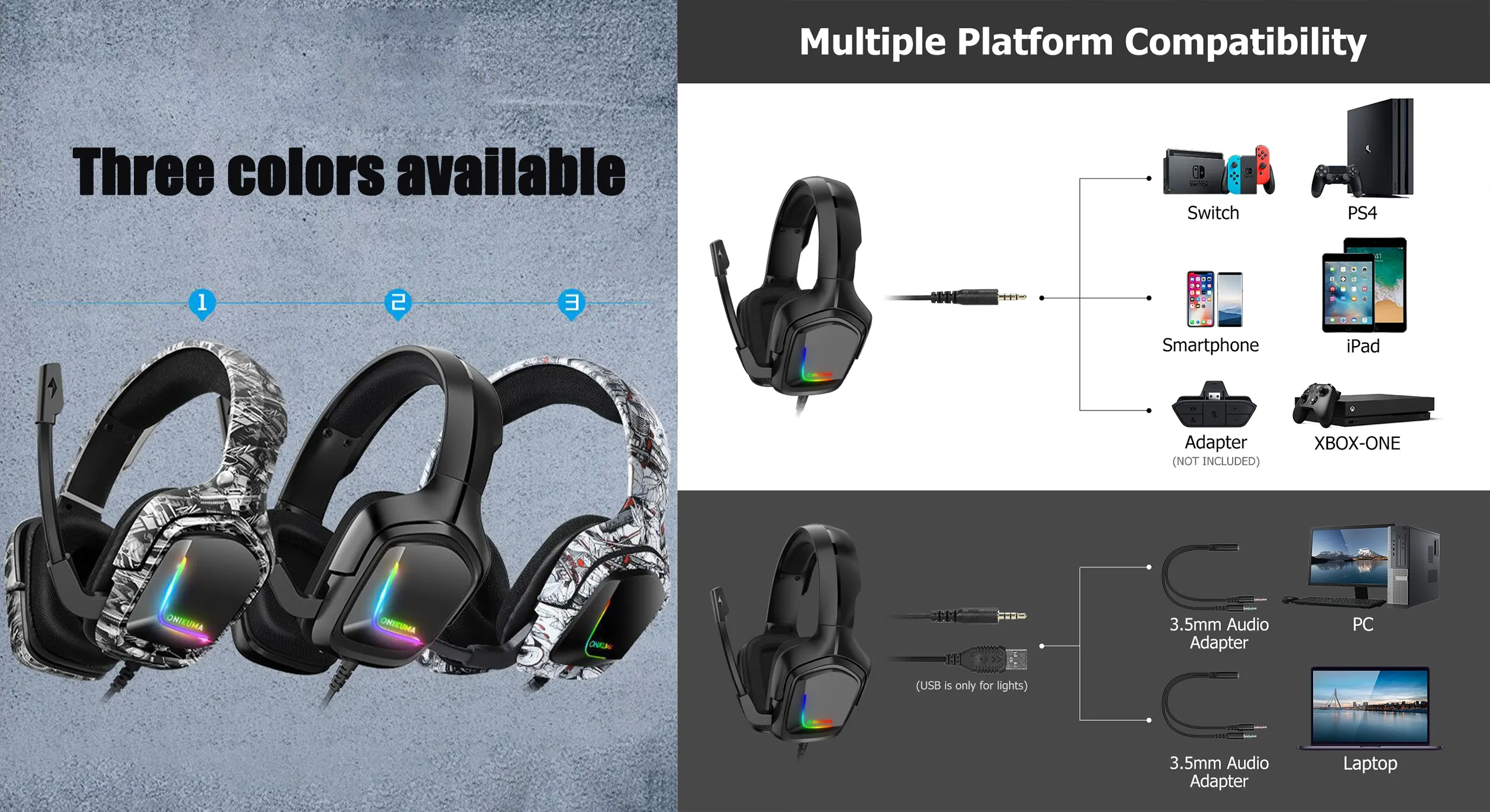 ONIKUMA K20 - PRO Gaming headsets for Gamers Wired with Noise Canceling Omni-directional Microphone Stereo Surround Sound RGB LED Lights Gaming Headphones PC/XBOX/PS4/5