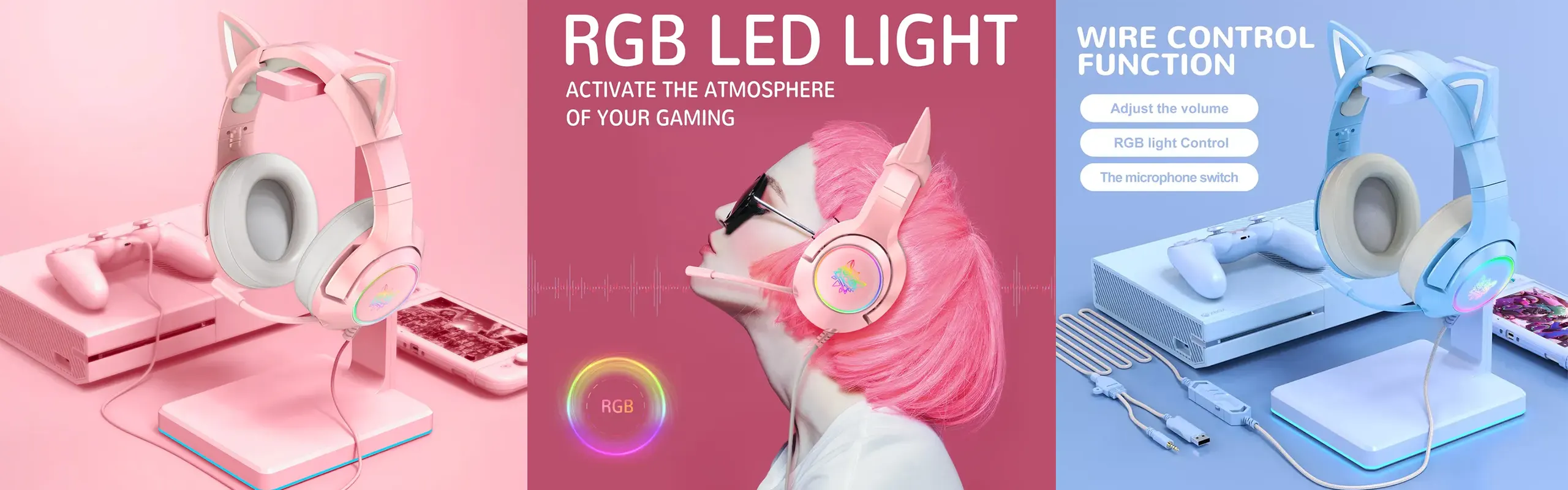 ONIKUMA K9 - Cat-ear Gaming headsets wired with omni-directional microphone noise cancelling in Ergonomic Design Stereo Surround sound RGB LED Lights