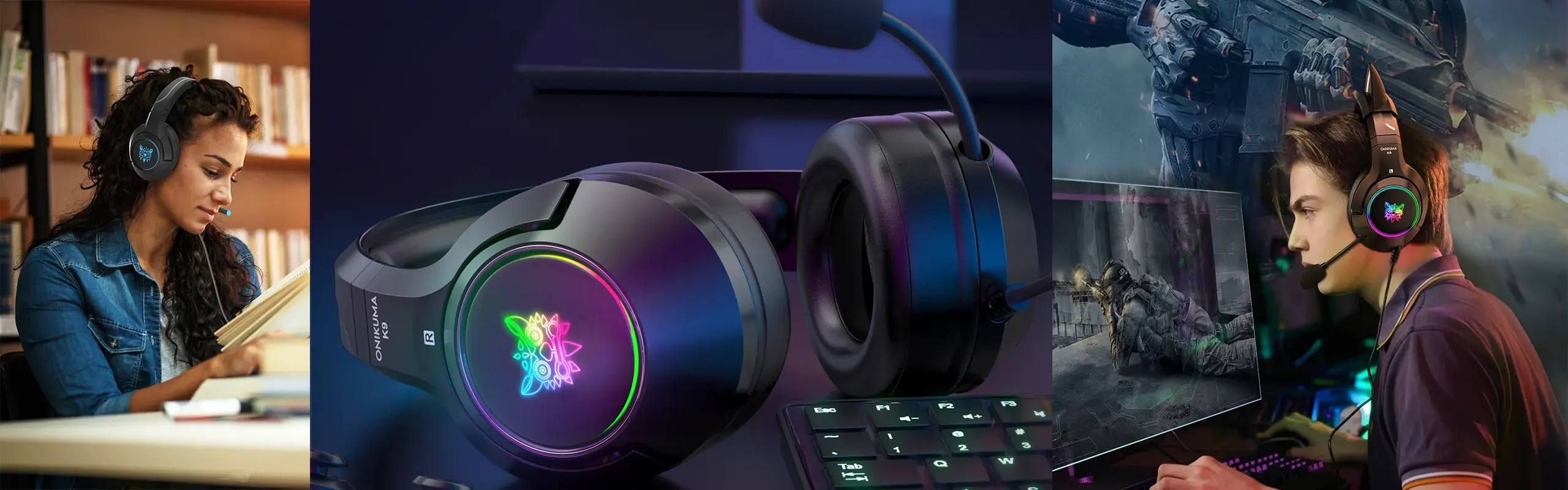 ONIKUMA K9 - Cat-ear Gaming headsets wired with omni-directional microphone noise cancelling in Ergonomic Design Stereo Surround sound RGB LED Lights