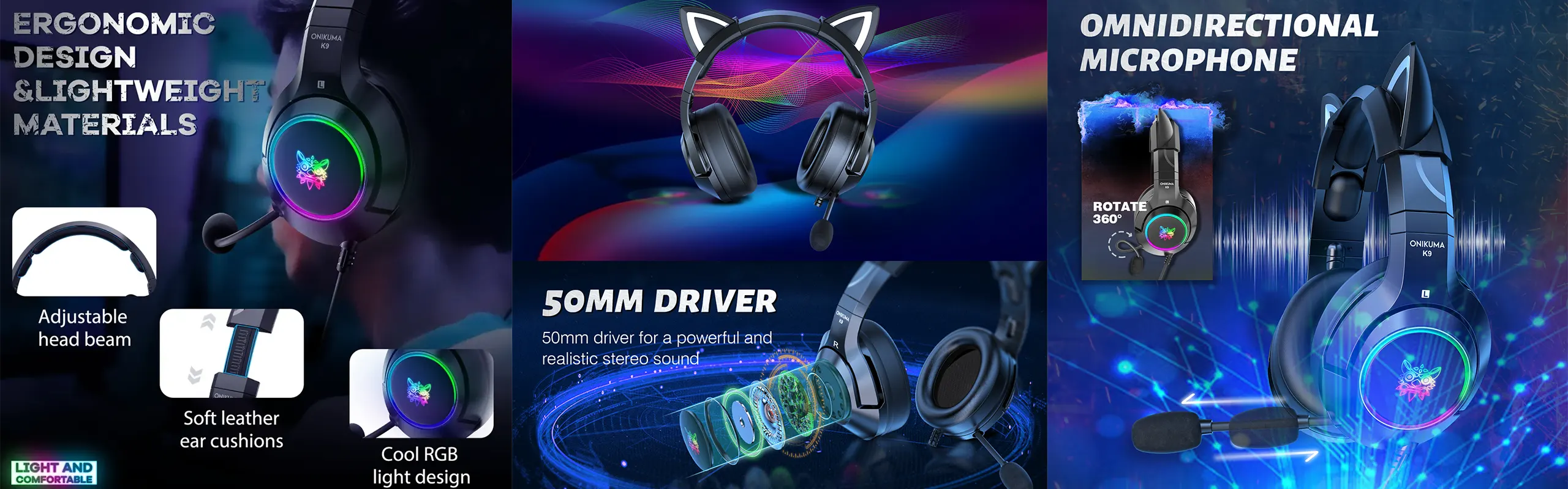 ONIKUMA K9 - Cat-ear Gaming headsets wired with omni-directional microphone noise cancelling in Ergonomic Design Stereo Surround sound RGB LED Lights