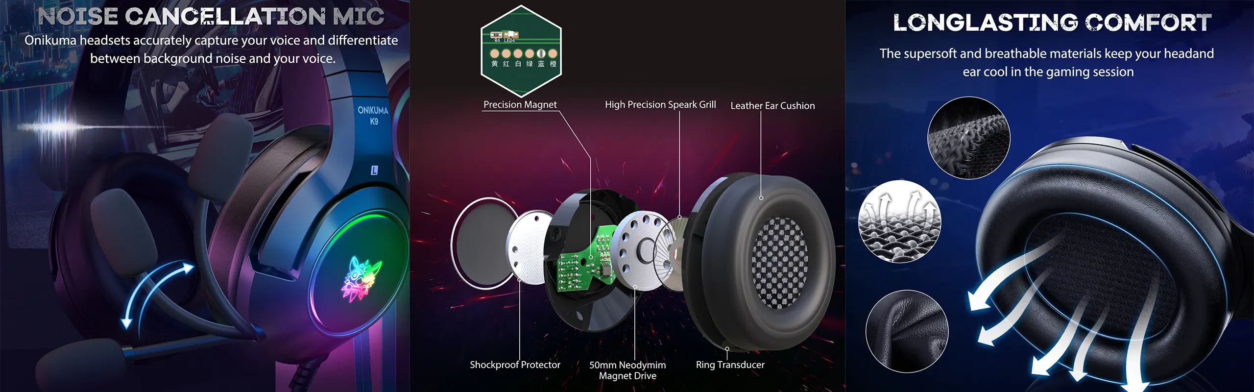 ONIKUMA K9 - Cat-ear Gaming headsets wired with omni-directional microphone noise cancelling in Ergonomic Design Stereo Surround sound RGB LED Lights