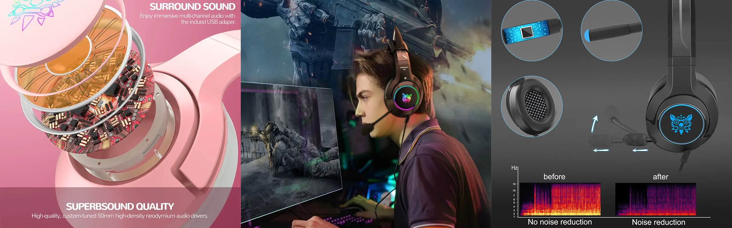 ONIKUMA K9 - Cat-ear Gaming headsets wired with omni-directional microphone noise cancelling in Ergonomic Design Stereo Surround sound RGB LED Lights