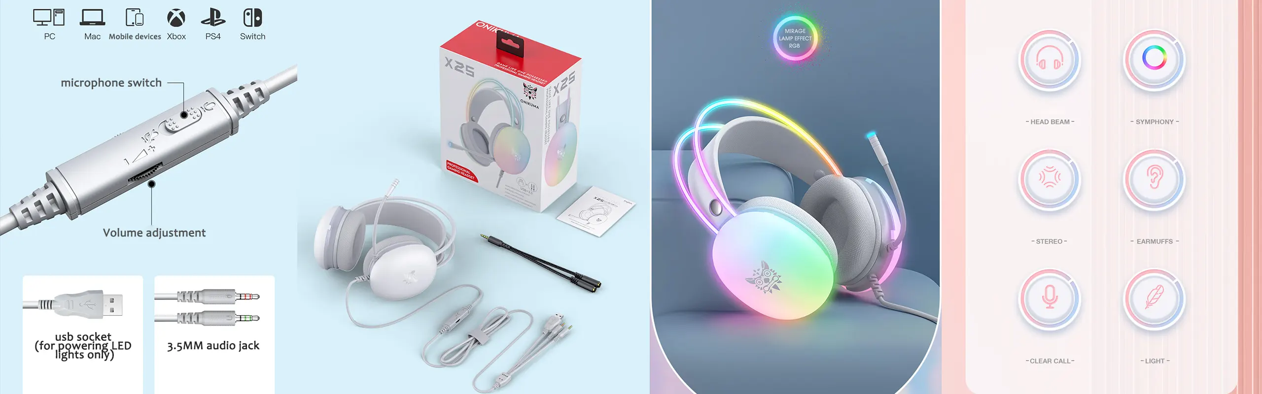 ONIKUMA X25 - Immersive Gaming Headset with 50mm driver diameter Stereo Surround Sound Headphone for PS4/PC/MAC/XBOX equipped with noise cancelling Microphone RGB Lighting Comfortable Design
