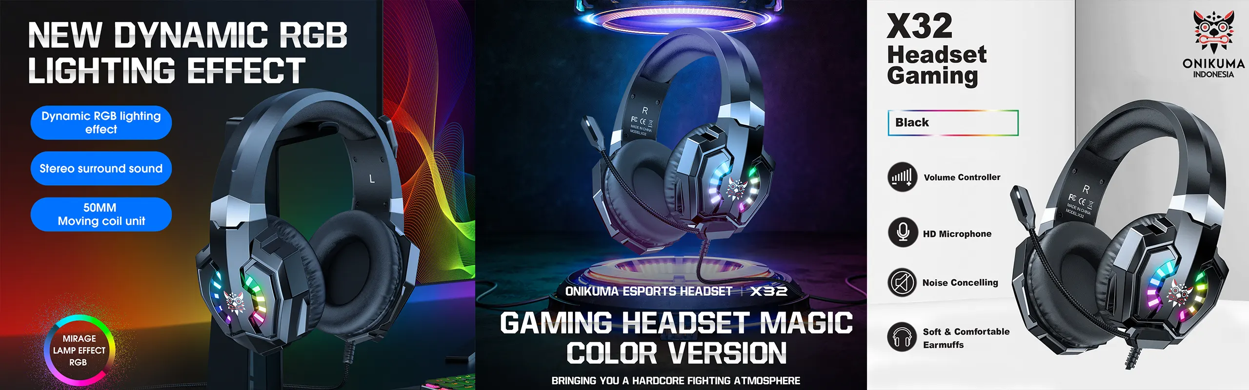 ONIKUMA X32 - Gaming headsets for PRO Gamers Wired with Noise Canceling Omni-directional Microphone 3D Stereo Surround Sound RGB Lights Gaming Headphones