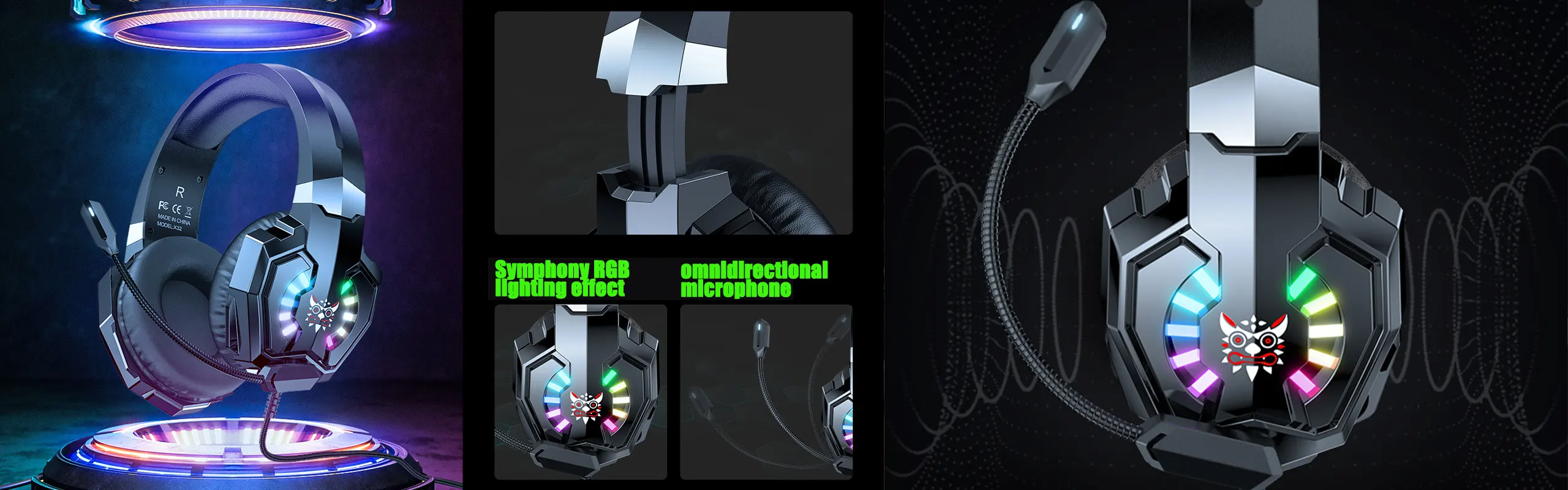 ONIKUMA X32 - Gaming headsets for PRO Gamers Wired with Noise Canceling Omni-directional Microphone 3D Stereo Surround Sound RGB Lights Gaming Headphones