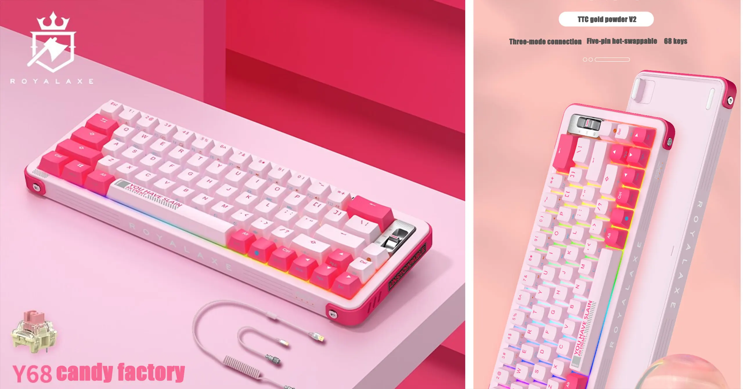 Royalaxe Y68 - 66 Keys Hot-swappable TTC switchs RGB Backlit Triple modes bluetooth5.0/USB-C/2.4Ghz wireless/wired mechanical gaming keyboard