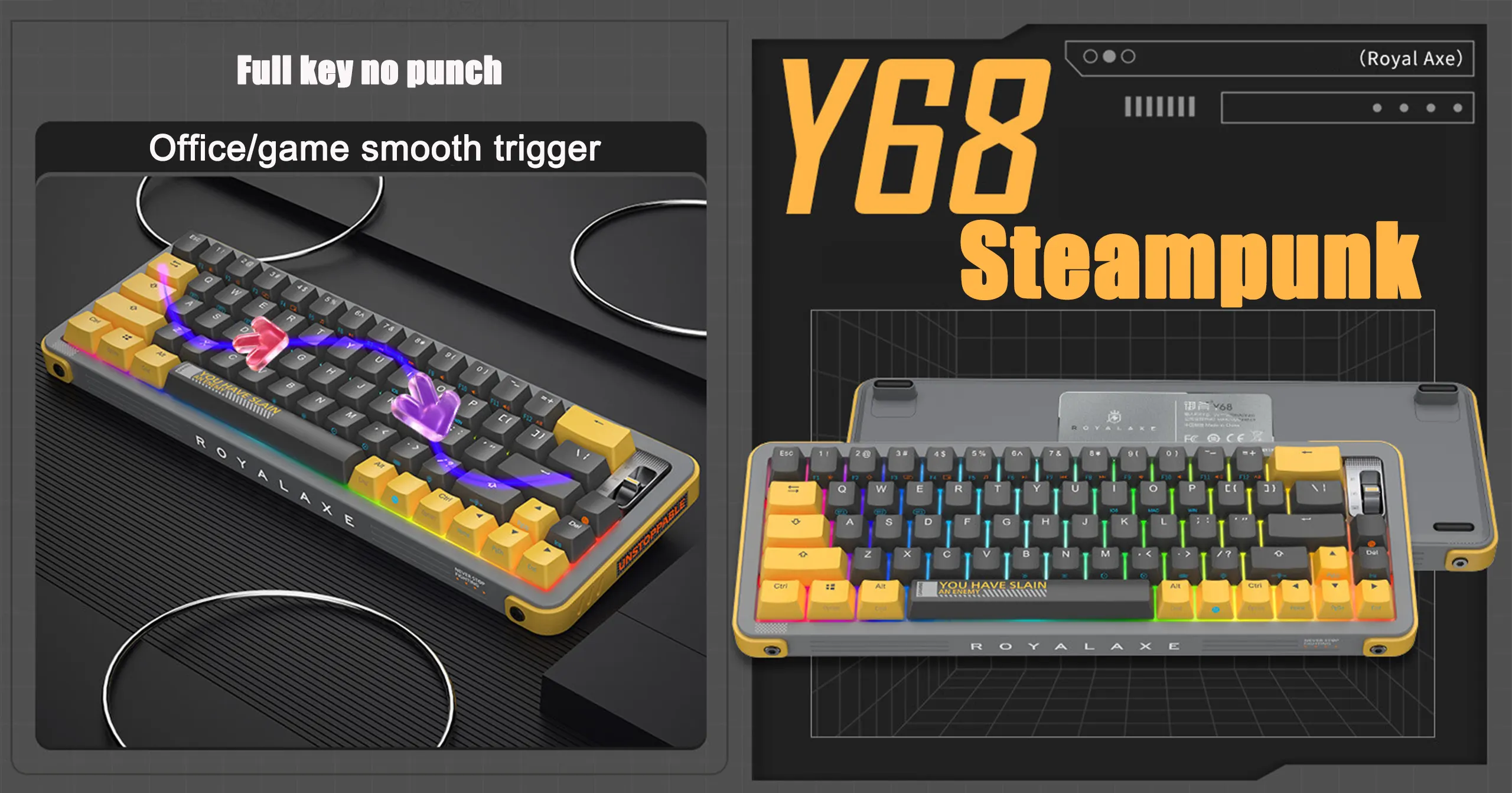 Royalaxe Y68 - 66 Keys Hot-swappable TTC switchs RGB Backlit Triple modes bluetooth5.0/USB-C/2.4Ghz wireless/wired mechanical gaming keyboard